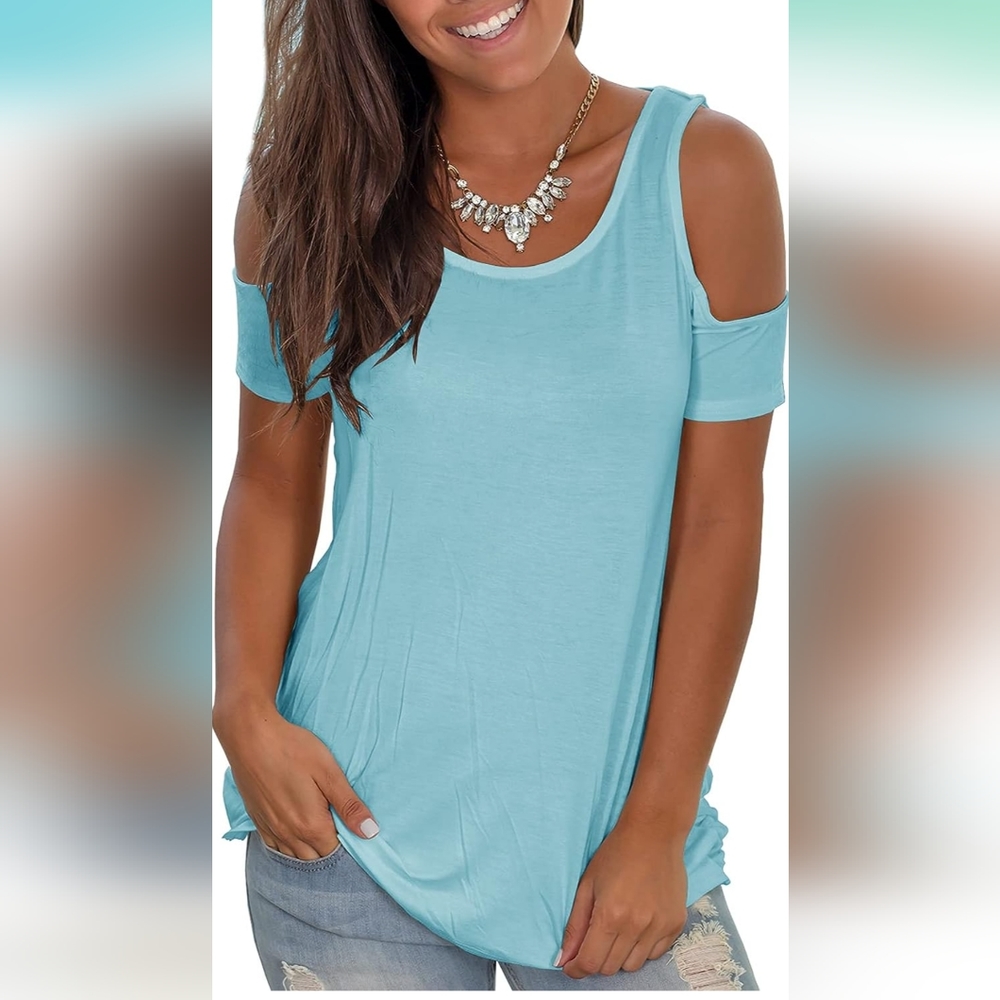 NWOT Jeanewpole1 Womens Sexy Cold Shoulder T Shirts Criss Cross Twist Op…